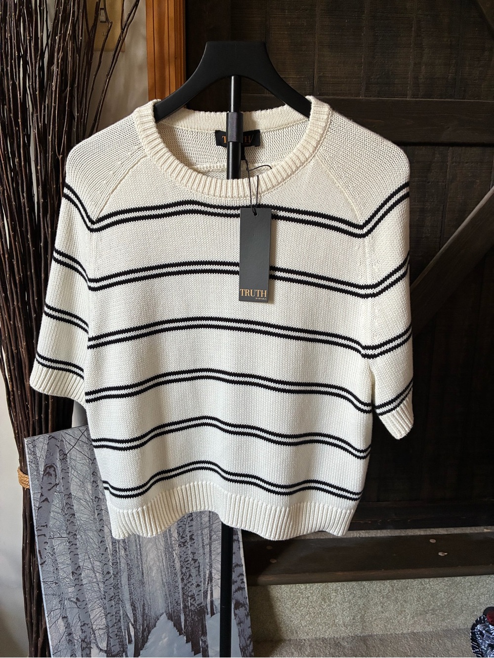 TRUTH Ivory & Black Striped Knit Top